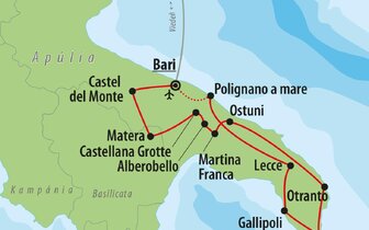 CK Turancar, letecký poznávací zájazd, Apúlia - klenot na juhu Talianska, mapa CK Turancar, letecký poznávací zájazd, Apúlia - klenot na juhu Talianska, mapa