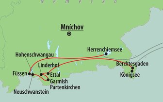 CK Turancar, autobusový poznávací zájazd, Bavorsko - zámky a hory, mapa CK Turancar, autobusový poznávací zájazd, Bavorsko - zámky a hory, mapa