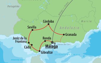 CK Turancar, Letecký poznávací zájazd, Španielsko,  Andalúzia s pobytom pri mori, mapa