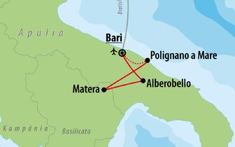 CK Turancar, Letecký poznávací zájazd, Taliansko, Apúlia, mapka