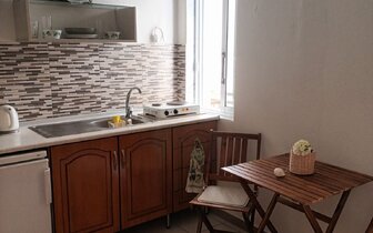 Apartmány Stella - kuchynka - autobusová doprava CK Turancar - Grécko, Olympská riviéra, Olympic beach