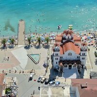 Paralia-Olympic beach-panoráma- autobusová doprava CK Turan (Olympic Beach, Olympská riivéra)