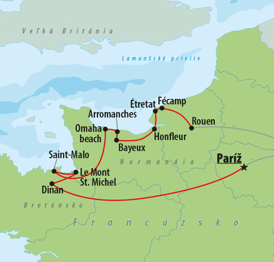 CK Turancar, autobusový poznávací zájazd, Normandia a Bretónsko, mapa