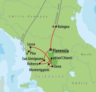 CK Turancar, letecký poznávací zájazd, Toskánsko - mapa