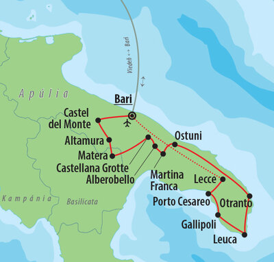 CK Turancar, letecký poznávací zájazd, Apúlia, mapa