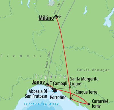 CK Turancar, letecký poznávací zájazd, Ligúria, mapa