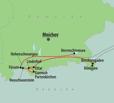 CK Turancar, autobusový poznávací zájazd, Bavorsko - zámky a hory, mapa