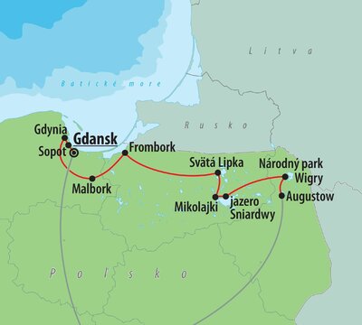 CK Turancar, autobusový poznávací zájazd, Poľsko - Mazúrské jazerá a pobrežie Baltského mora, mapka