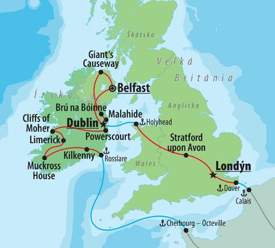Autobusový poznávací zájazd, Severné a južné Írsko - mapka zájazdu