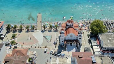 Paralia-Olympic beach-panoráma- autobusová doprava CK Turan (Olympic Beach, Olympská riivéra)