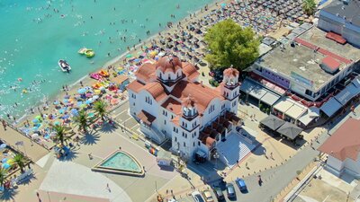 Paralia-Olympic beach-panoráma- autobusová doprava CK Turancar (Olympic Beach, Olympská riivéra)