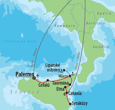 CK Turancar, Letecký poznávací zájazd, Sicília, mapa