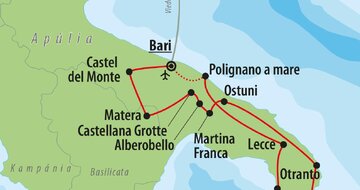 CK Turancar, letecký poznávací zájazd, Apúlia - klenot na juhu Talianska, mapa