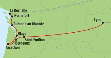 CK Turancar, autobusový poznávací zájazd, Pobrežie Atlantiku s Bordeaux, mapa