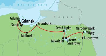 CK Turancar, autobusový poznávací zájazd, Poľsko - Mazúrské jazerá a pobrežie Baltského mora, mapka
