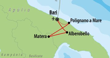 CK Turancar, Letecký poznávací zájazd, Taliansko, Apúlia, mapka